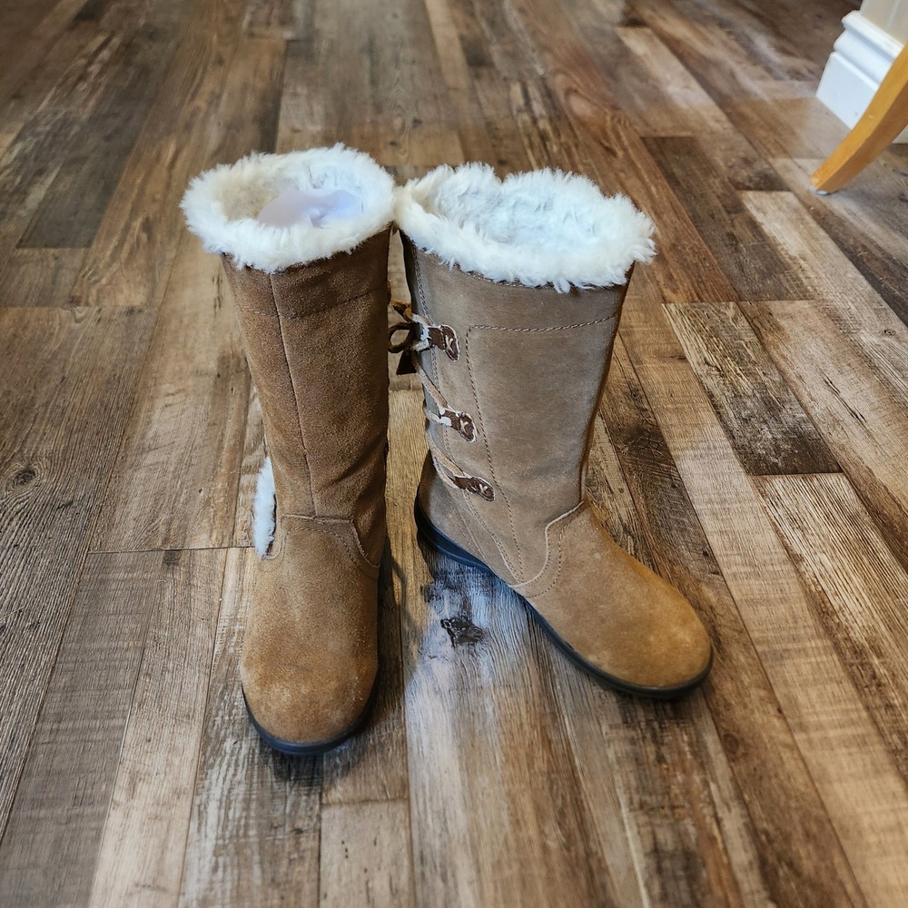 White Mountain Tan Suede Leather Faux Fur Lined Lace Up Mid Calf Boots 6.5 M
